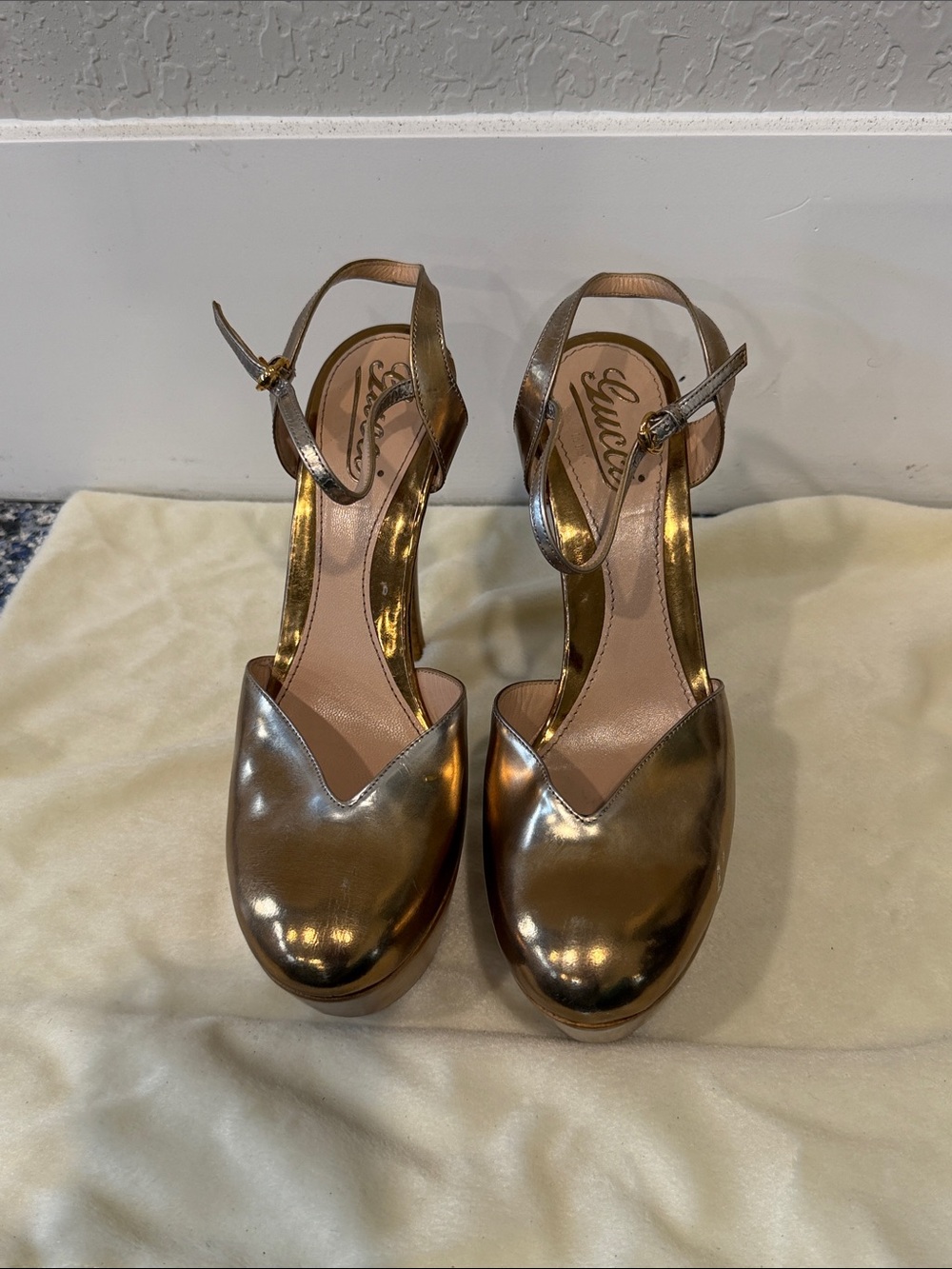 Gucci Gold Metallic Platform Slingback Sandals
